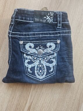 Premium Dark Blue Embroidered Skinny Jeans with Rhinestone Pocket
